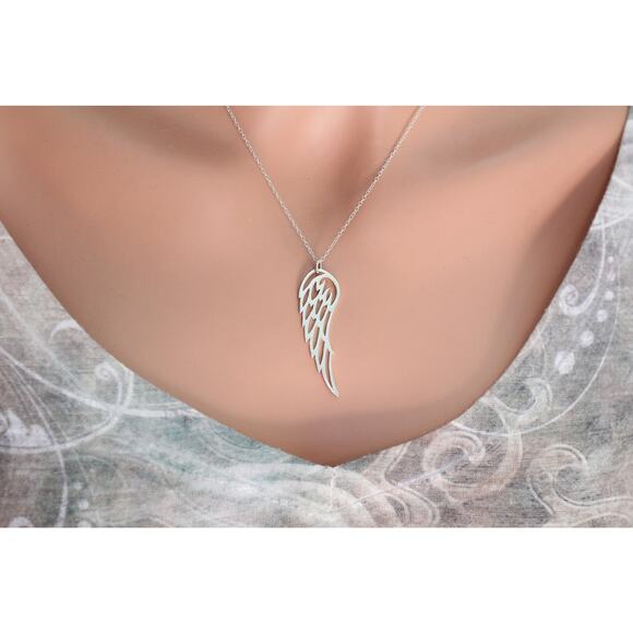 Sterling Silver Large Wing Charm Necklace, Sterling Silver Large Wing Necklace - Picture 1 of 4